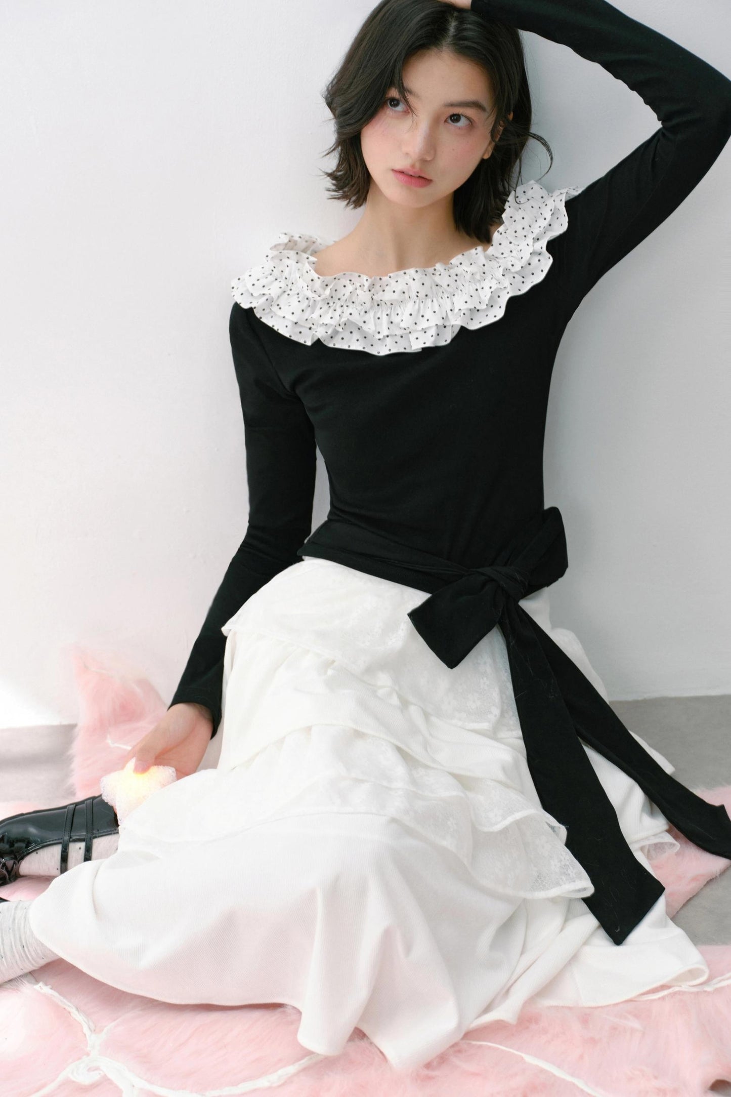 Slanted Polka Dot Long-Sleeved T-Shirt