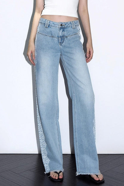 Lace Raw Hem Straight Jeans