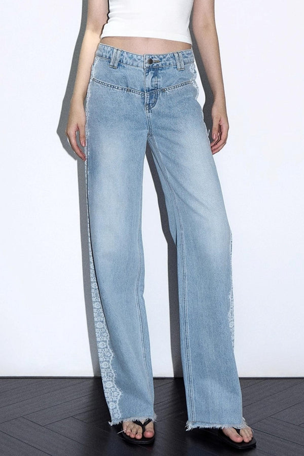 Lace Raw Hem Straight Jeans