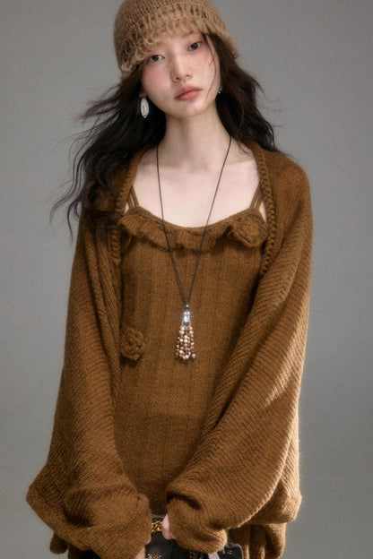 Crochet Knit Camisole Dress Cardigan Set-Up