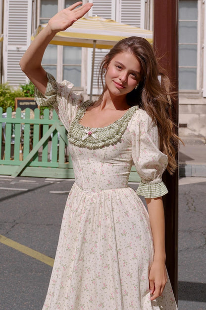 French Pastoral Style Floral Waist Dress