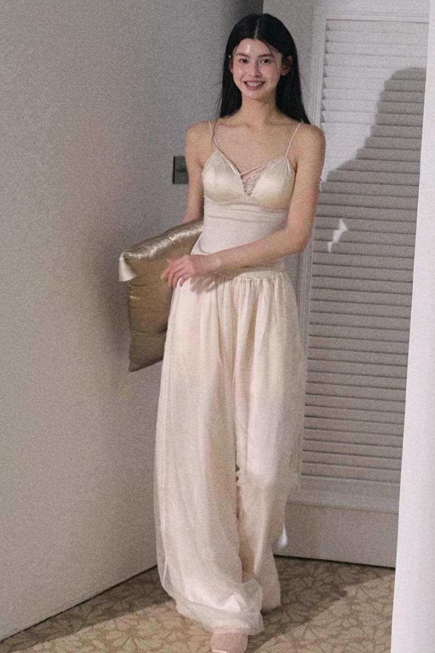 Apricot Satin Double-Layer Pants