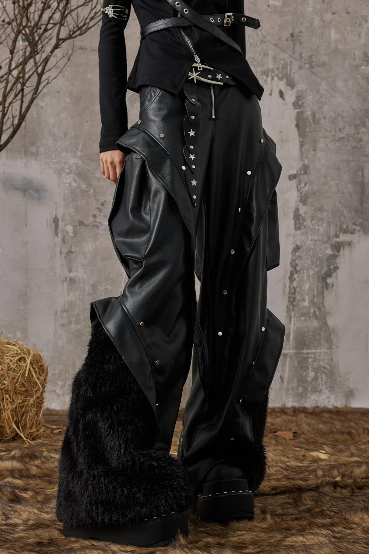 Autumn Punk Wide-Leg Leather Pants