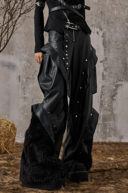 Autumn Punk Wide-Leg Leather Pants