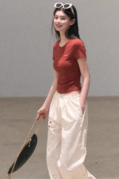 Contrast Embroidered Ruched Top