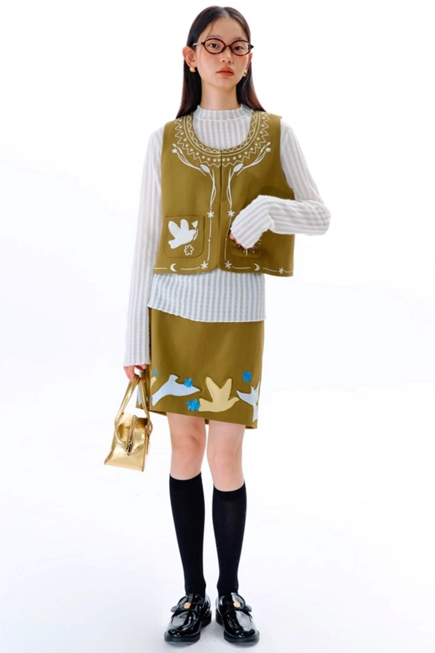 Bright Star Vintage Bird Embroidery Wool Jacket Set-Up