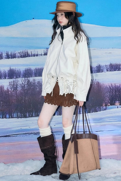 Hollow-Out Floral Leather Jacket