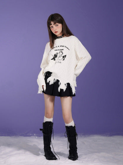 Angel Print Ripped Pullover Sweater