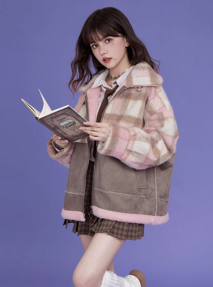 Plaid Turtleneck Fur Loose Tweed Jacket