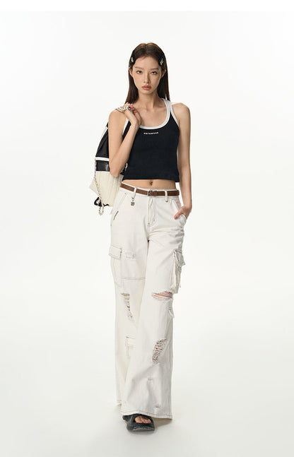 White Work Design Wide Denim Pants