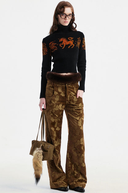 Brown Floral Jacquard Pants