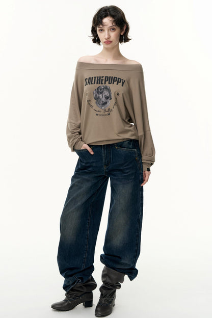 Puppy Print Slanted Shoulder T-Shirt