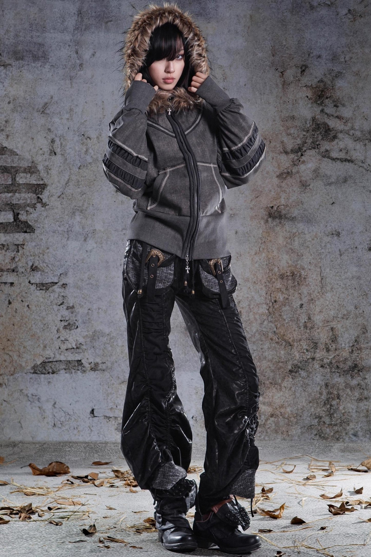 Vintage Lantern Sleeve Hooded Sweatshirt Jacket