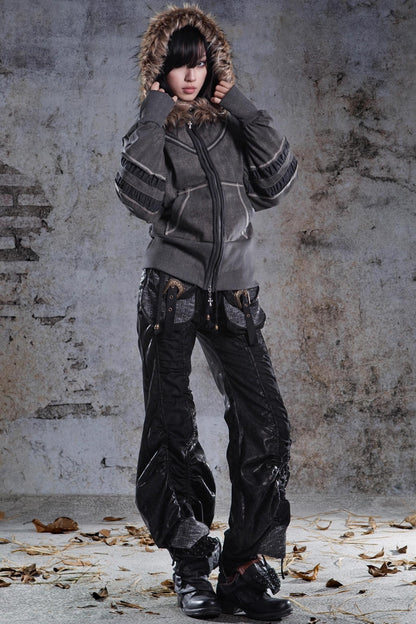 Vintage Lantern Sleeve Hooded Sweatshirt Jacket