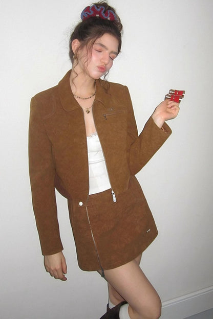 Caramel Brown Faux Suede Jacket Set-Up