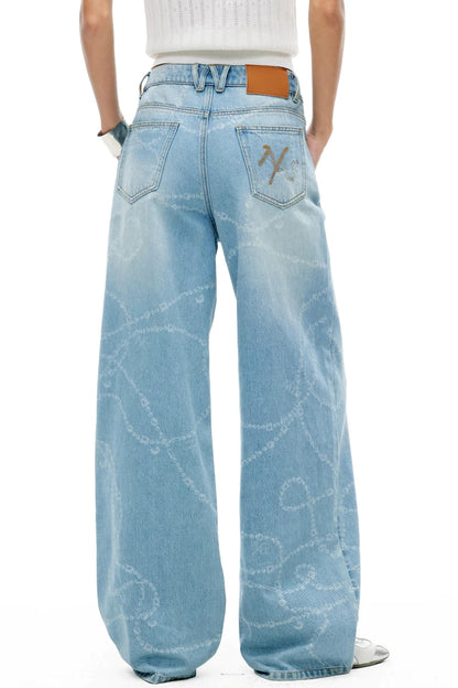 Washed Laser Print Denim Pants