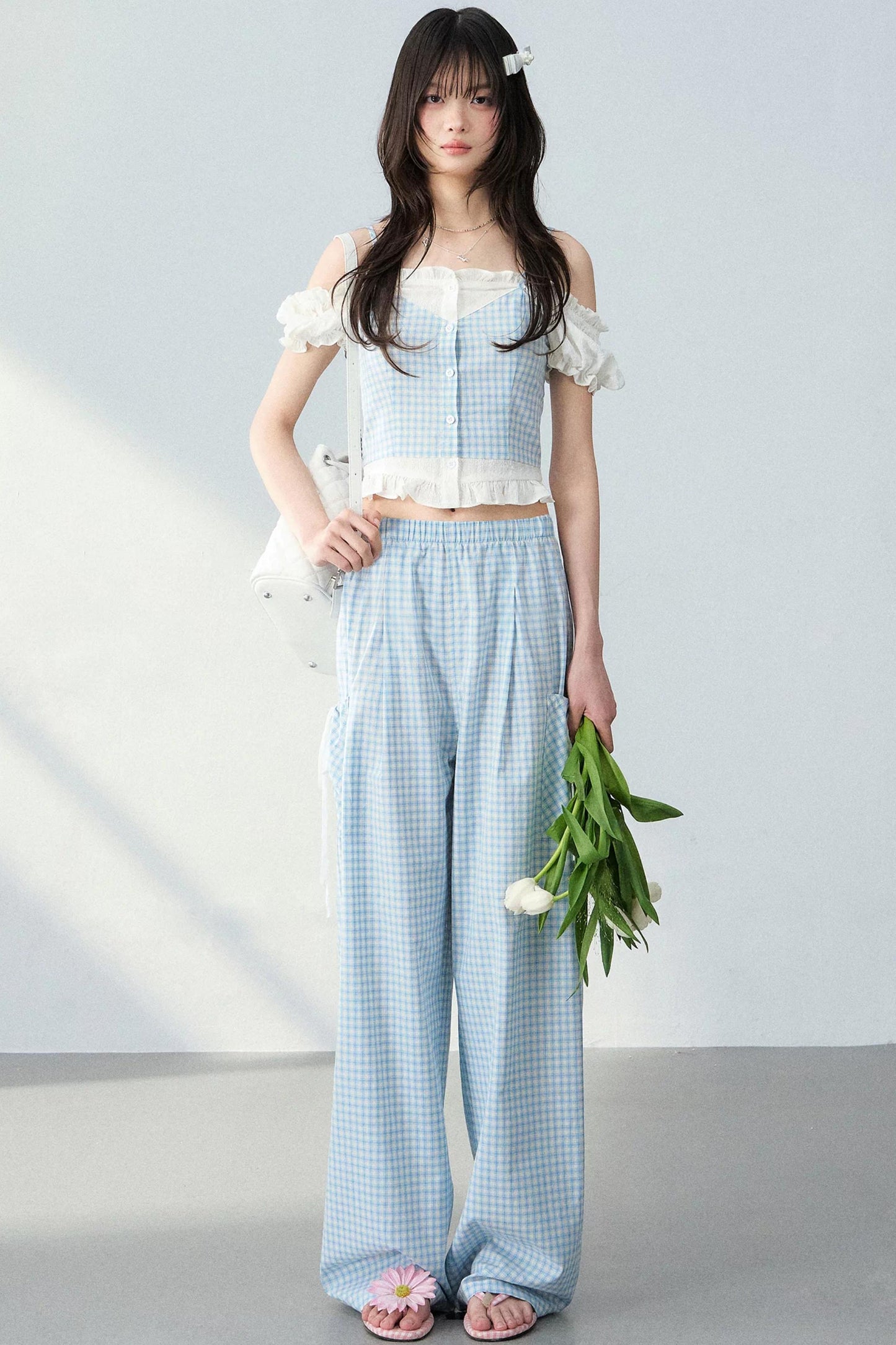 Blue Plaid Off-Shoulder Top Set-Up