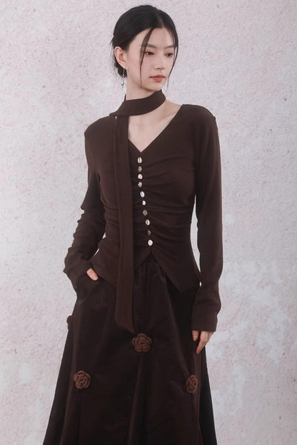 Caramel Coffee Shell Buckle Streamer Top