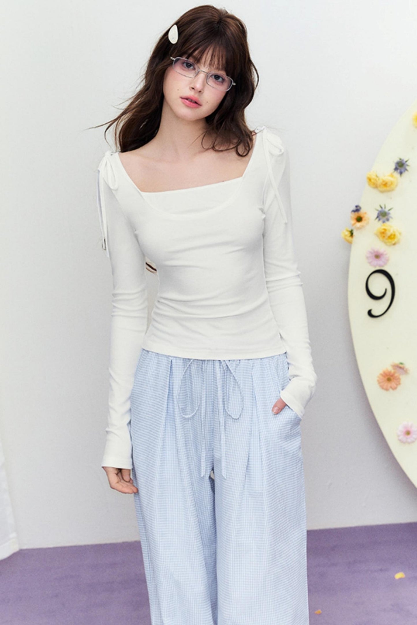 Korean Slim Tie Shoulder Top