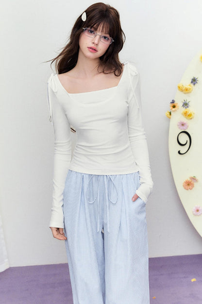 Korean Slim Tie Shoulder Top