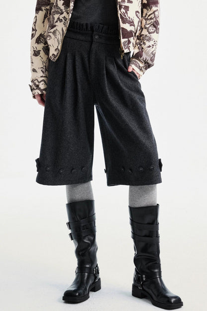 Gray Woolen Lace-Trim Pants