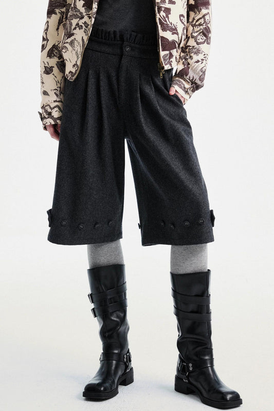 Gray Woolen Lace-Trim Pants