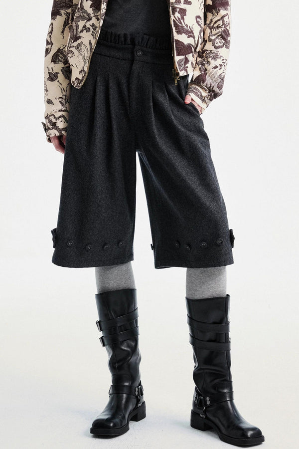 Gray Woolen Lace-Trim Pants