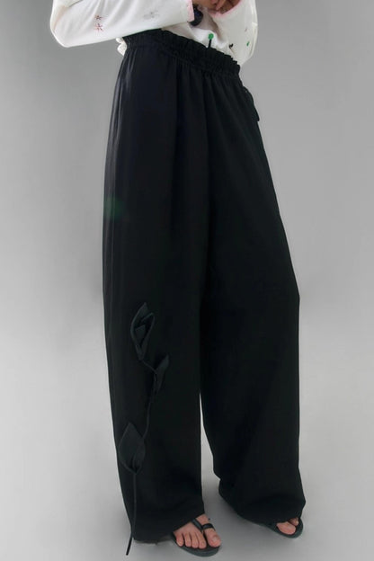 Three-Dimensional Calla Lily Linen Blend Wide-Leg Pants