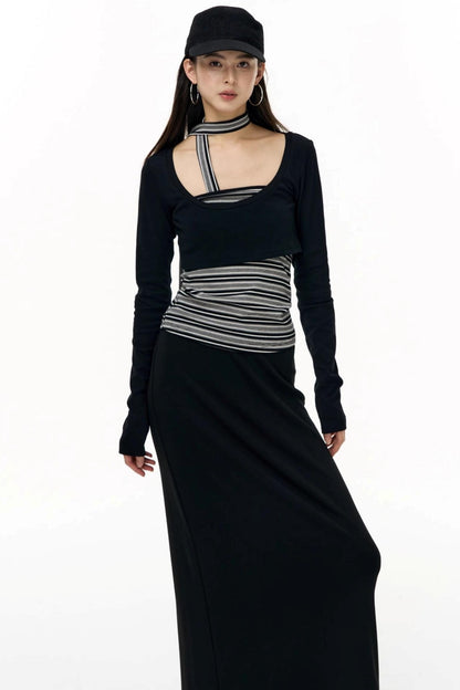 Contrast Long-Sleeved Top With Bandeau Set