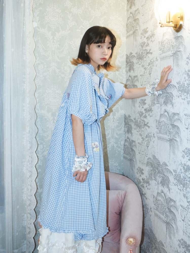 Sheep Embroidery Plaid Frill Dress