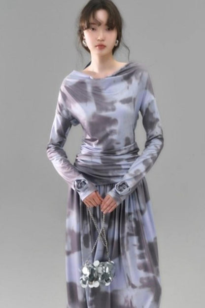 Poetic Swing Collar Print T-Shirt & Skirt Set-Up