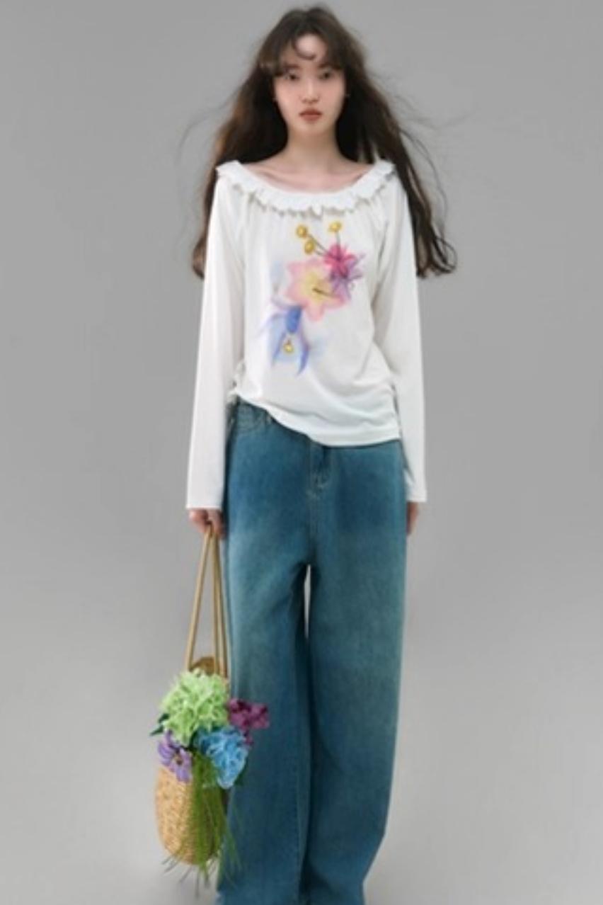 Slanted Shoulder Long-Sleeved Tencel Tee