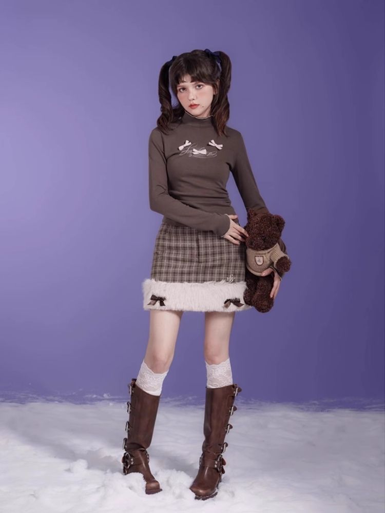 Little Princess Brown Plaid Raw Edge Half-body Skirt