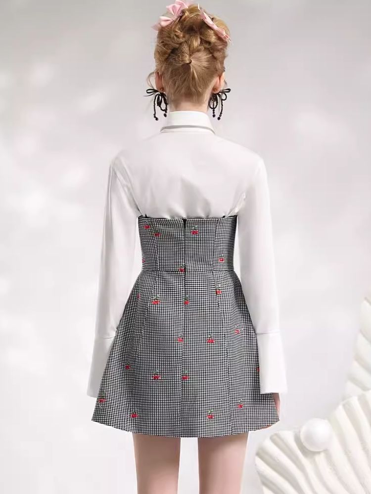 Check embroidered cherry dress