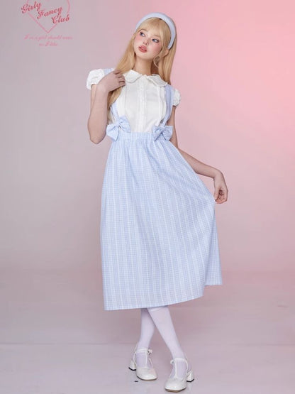 Plaid Bow Tie Back Dress Lace Shirt Set