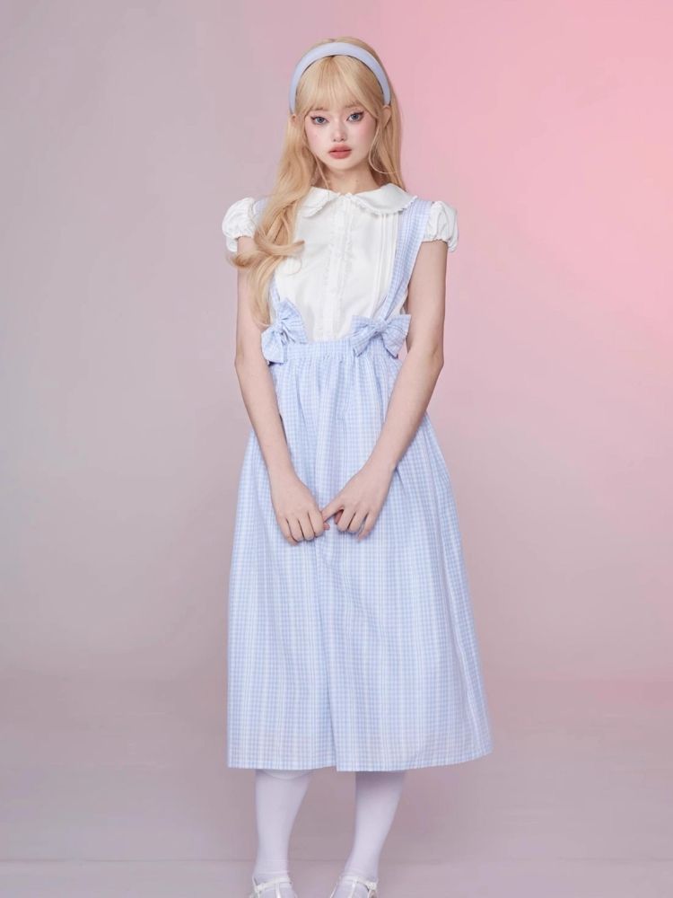 Plaid Bow Tie Back Dress Lace Shirt Set