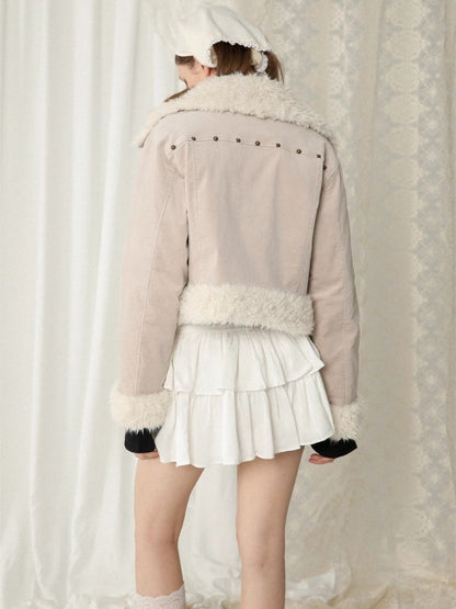 Corduroy fur patchwork jacket