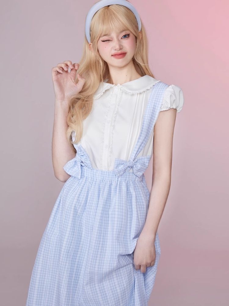 Plaid Bow Tie Back Dress Lace Shirt Set