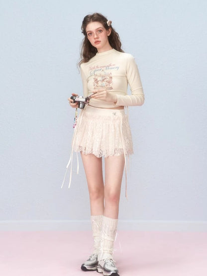 Short lace-up printed long-sleeved T-shirt