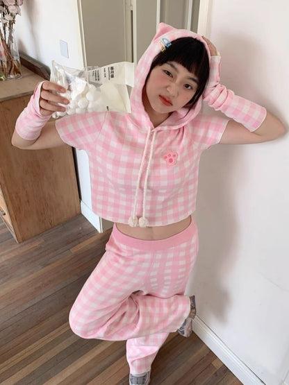 Cat Ears Hooded Short Sleeve Creamy Pink Plaid Knit Pants