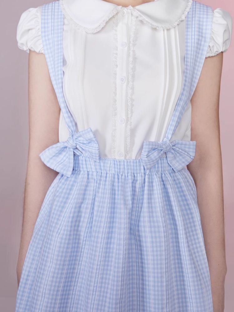 Plaid Bow Tie Back Dress Lace Shirt Set