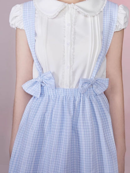 Plaid Bow Tie Back Dress Lace Shirt Set