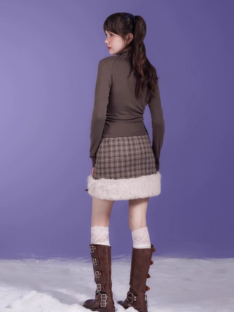 Little Princess Brown Plaid Raw Edge Half-body Skirt