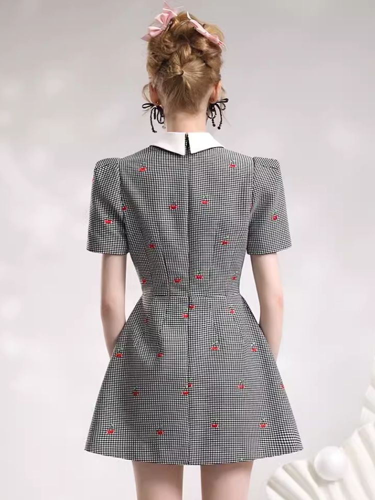 Check Embroidered Cherry Suit Dress