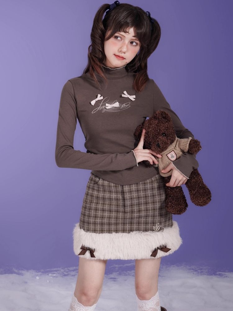 Little Princess Brown Plaid Raw Edge Half-body Skirt