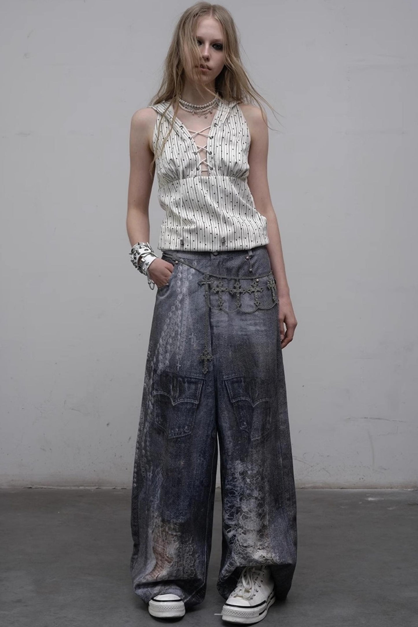 Printed Blue Wide-Leg Denim Pants