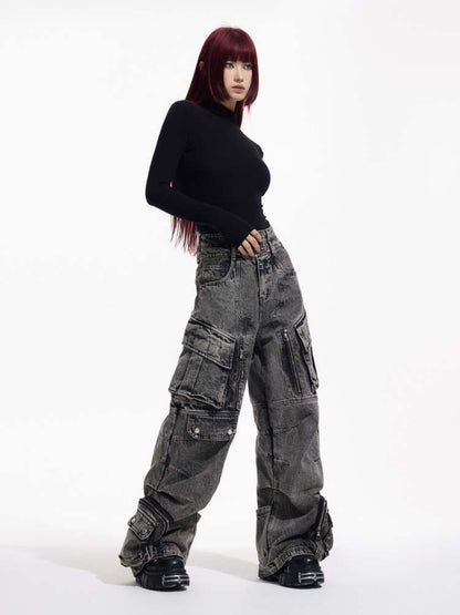 Multi Pocket Retro Wide Leg Denim Pants