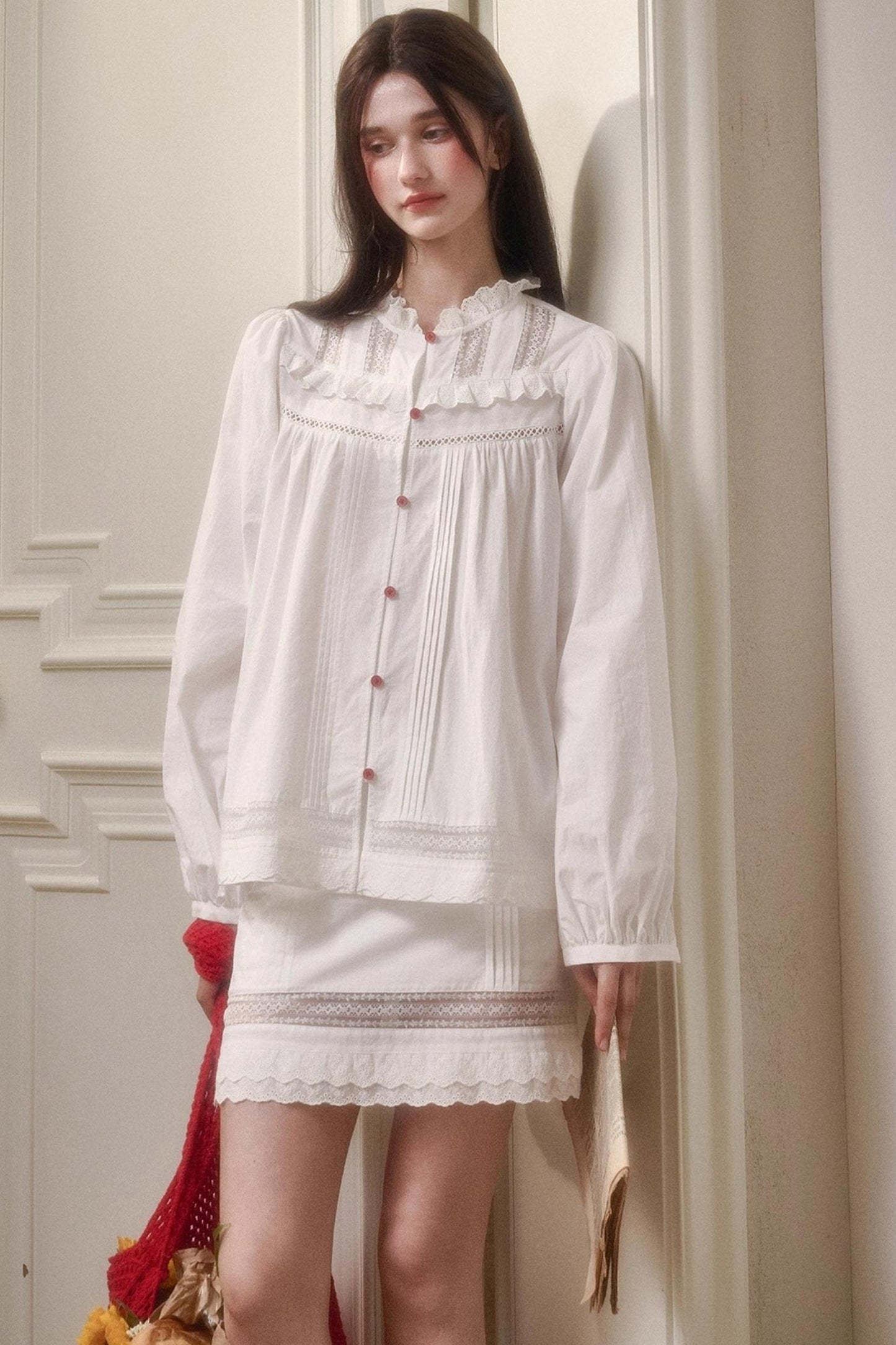 Cotton Lace Shirt With Skirt Set-Up