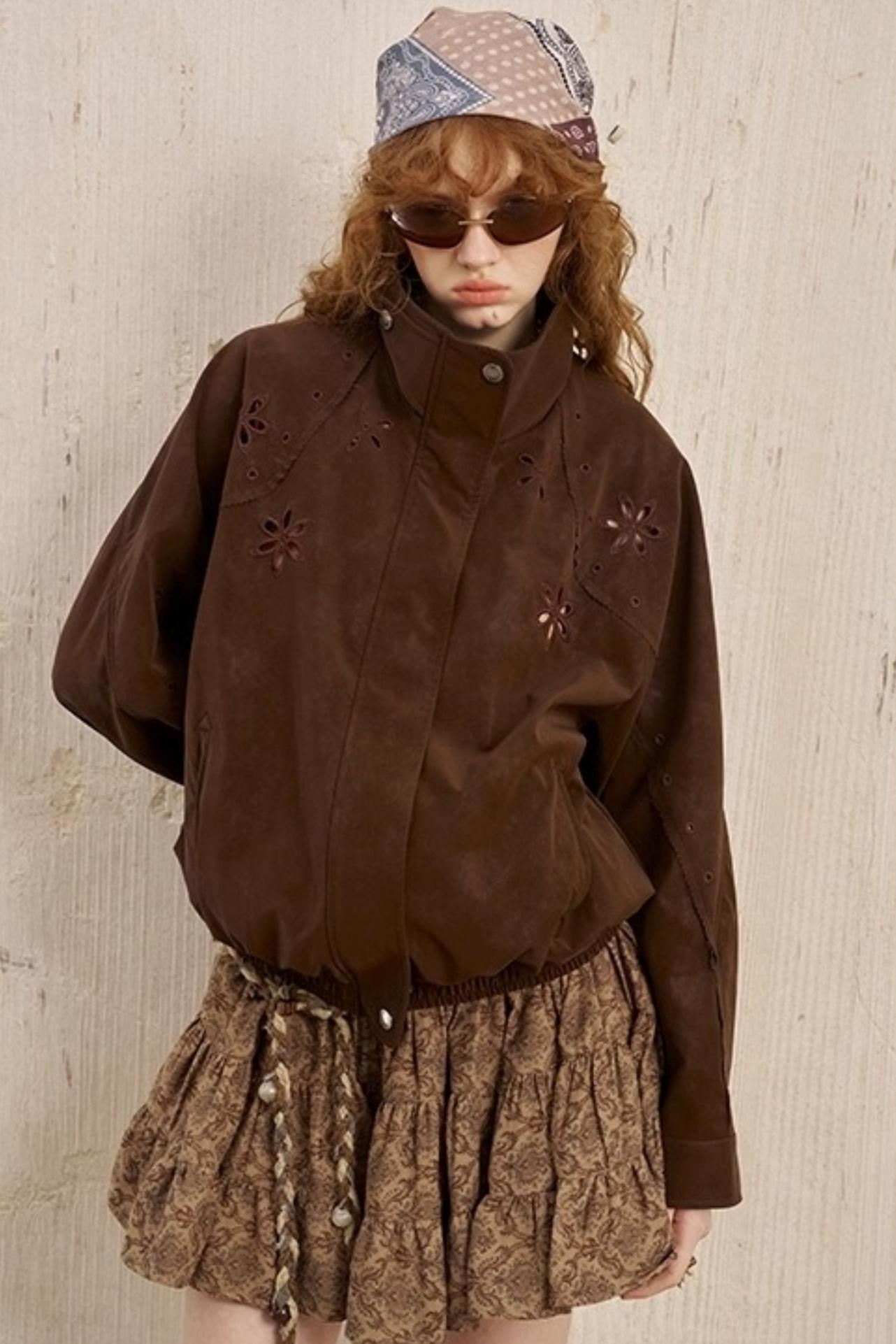 Embroidered Stand Leather Jacket