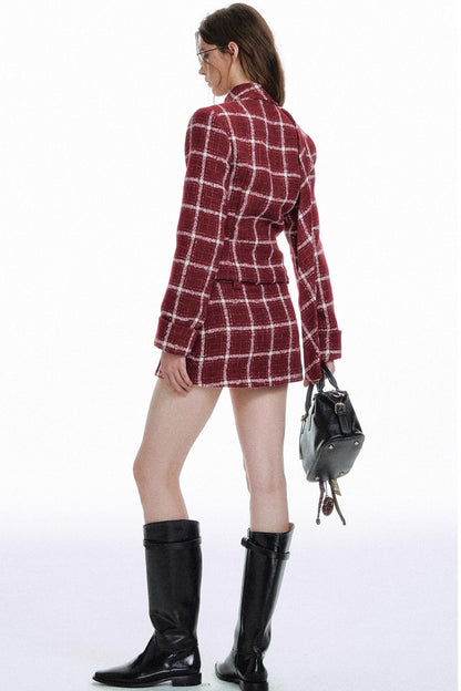 Retro Red Plaid Suit Skirt Set-Up